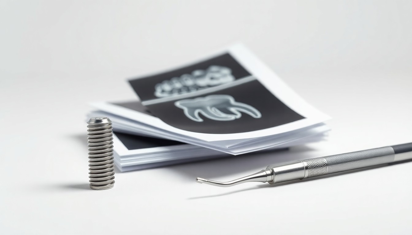A high-end studio still life photograph featuring a polished metal dental implant, a stack of dental x-ray films, and a sleek dental handpiece arranged elegantly on a clean, white background, conceptually representing the precision and innovation of modern dentistry.