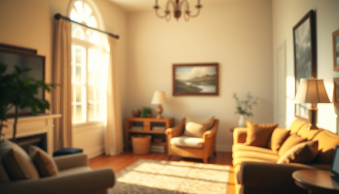 An extremely abstracted, out-of-focus photograph of a cozy, sun-drenched living room with soft, diffused light filtering through a window, conceptually representing the inviting atmosphere of a well-maintained, classic home.