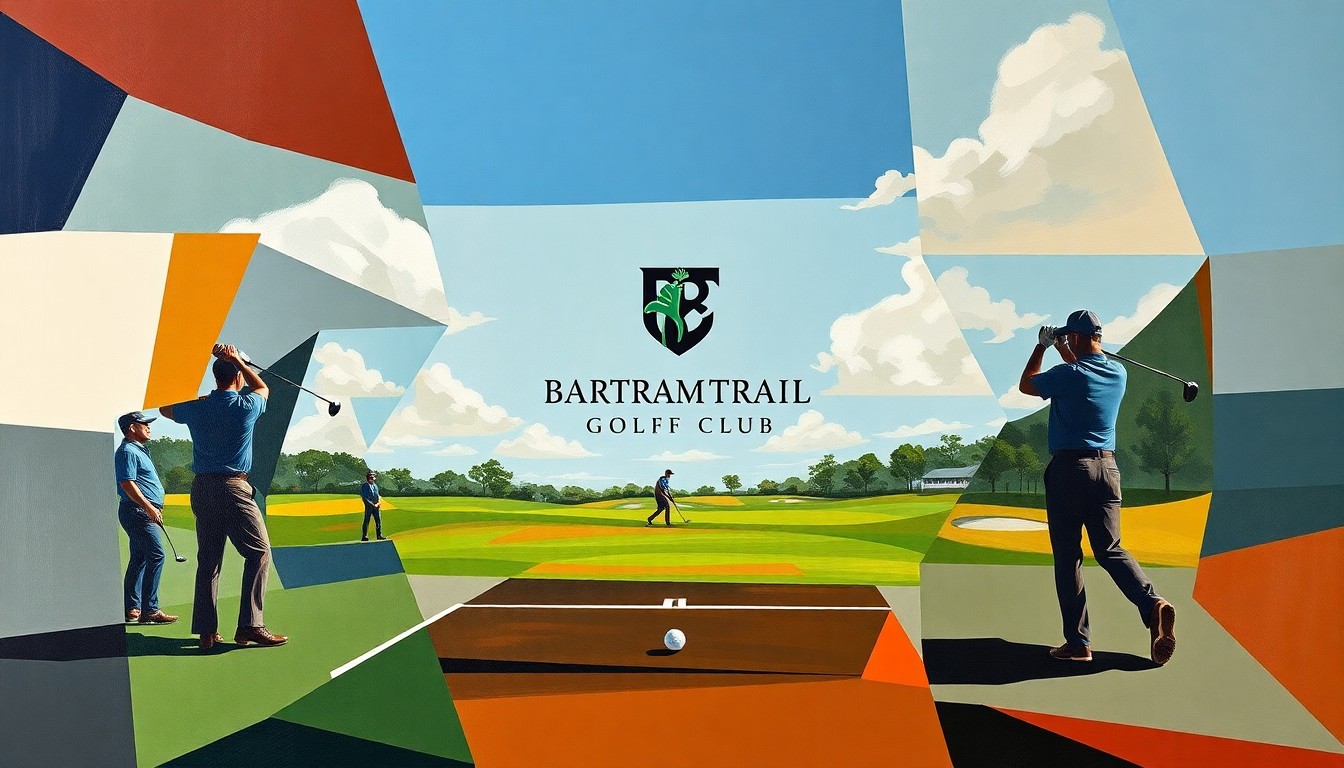 A fractured, cubist-style painting depicting a golf driving range scene, with golfers, clubs, and balls represented as abstract geometric shapes and planes of color. The Bartram Trail Golf Club logo is subtly incorporated into the composition.