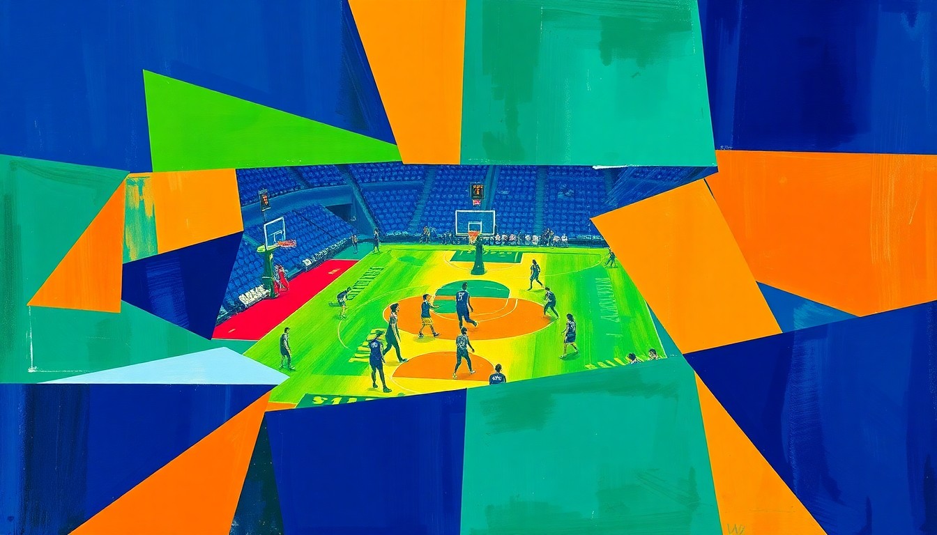 A cubist, geometric painting depicting a fragmented WNBA basketball game, with sharp planes of navy, green, and orange colors overlapping to create a dynamic, multi-angled visual representation of the sport.