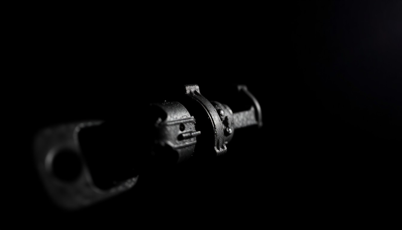 An extreme close-up of a charred, twisted metal object from the trailer fire, capturing the gritty, investigative nature of the incident through dramatic lighting and stark composition.