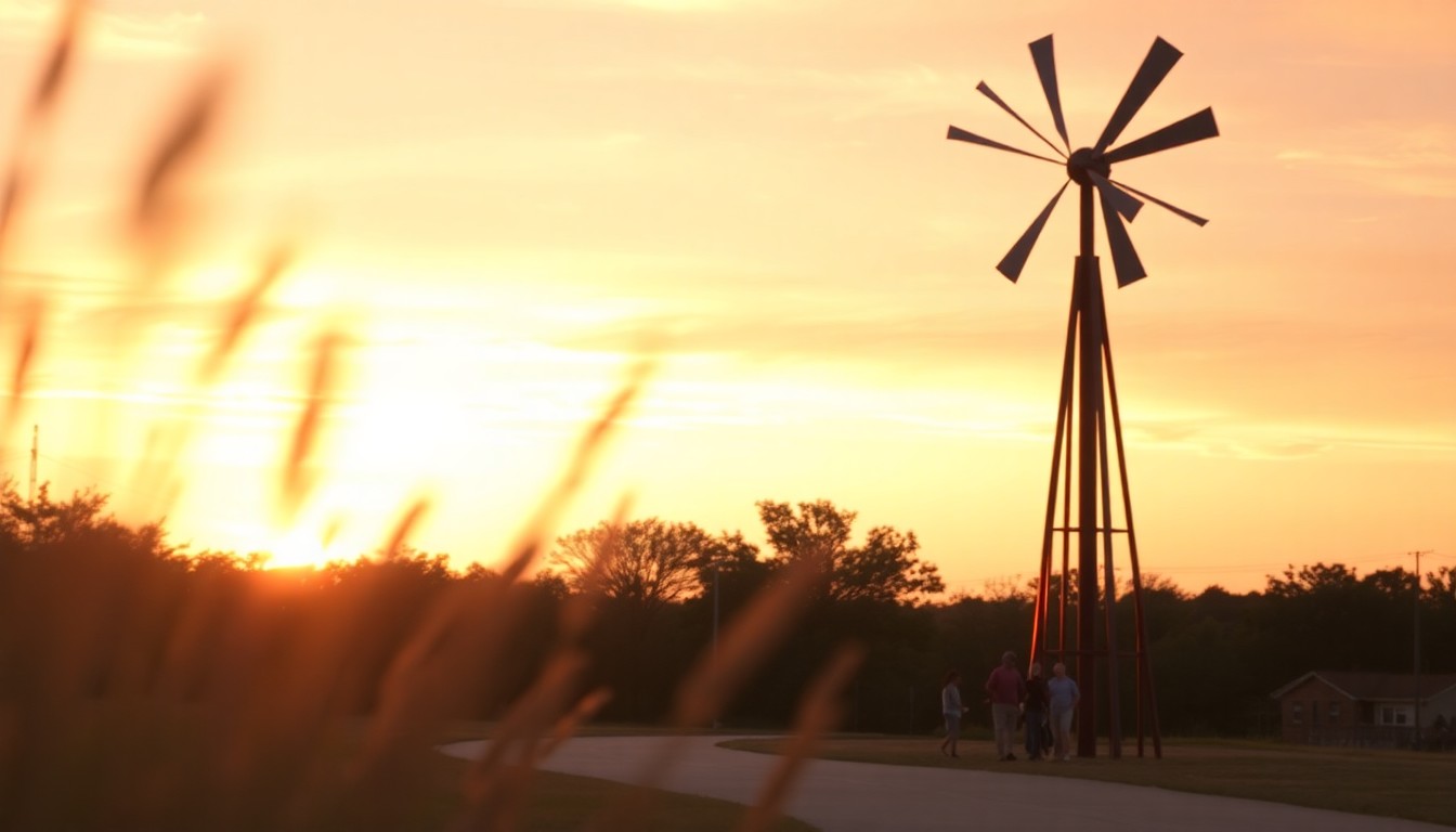 An abstract, out-of-focus photograph in warm sunset hues depicting a kinetic, wind-powered sculpture on a trail, conceptually representing the interactive public art installations of the Tempo on the Trail exhibition.