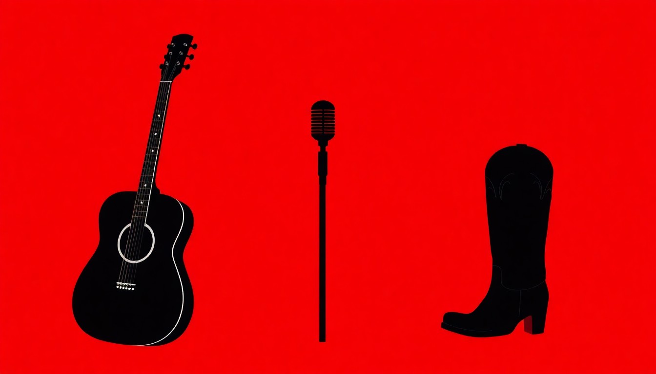 A minimalist, abstract poster design featuring black silhouettes of country music instruments like a guitar, microphone, and cowboy boot against a bright red background, conceptually representing the energy and spirit of a major country music festival.