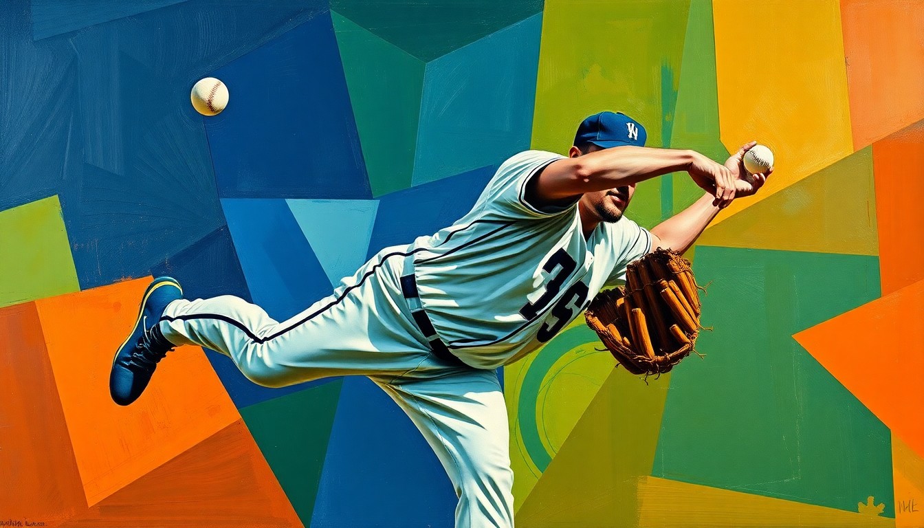 A fragmented, multi-angled painting depicting a baseball pitcher's throwing motion broken down into sharp, overlapping geometric shapes in a vibrant color palette.