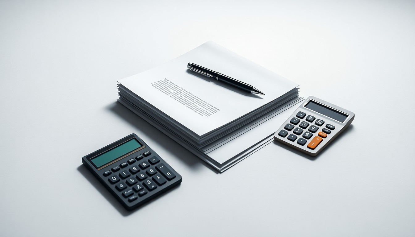 A high-end, photorealistic studio still-life photograph featuring a stack of legal documents, a pen, and a calculator arranged elegantly on a clean, white seamless background, conceptually representing the abstract corporate strategy and financial risks facing Upstart Holdings.