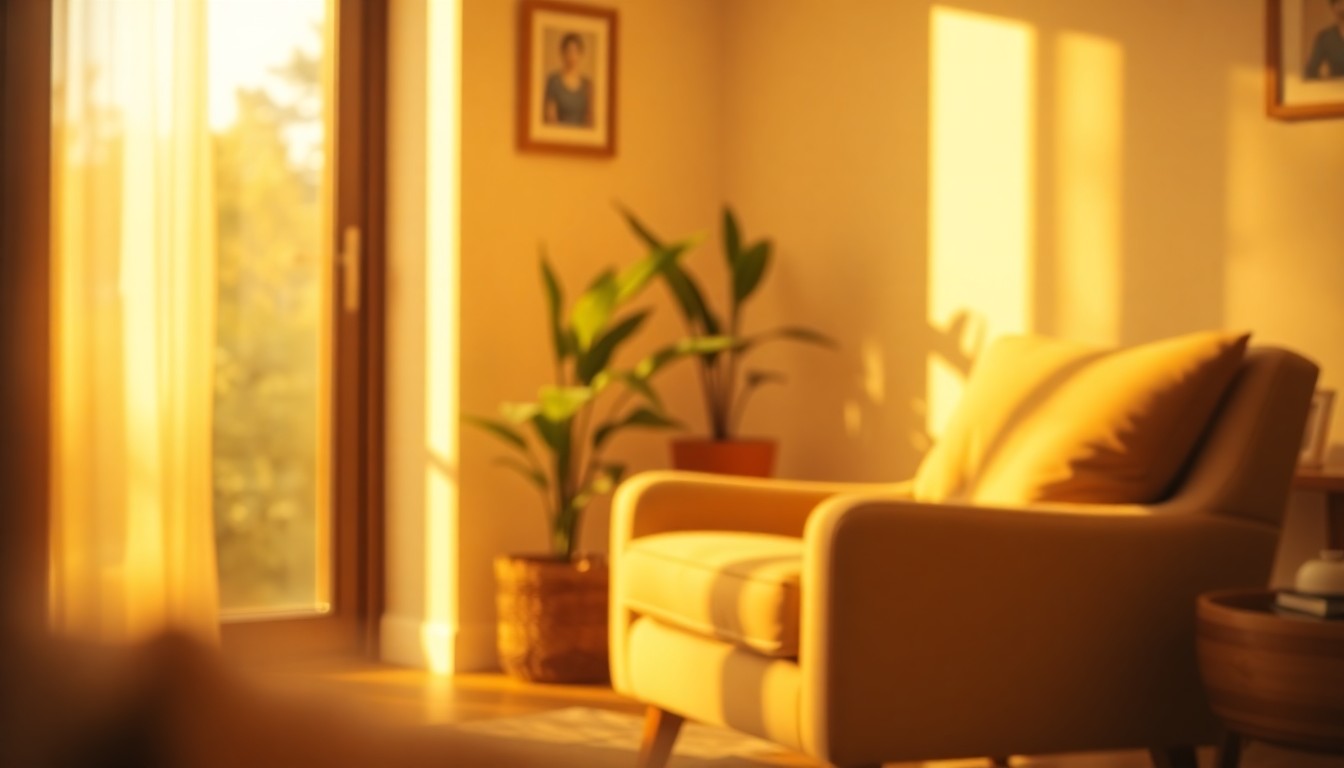 An extremely abstracted, out-of-focus photograph of a cozy living room scene, with soft pools of warm light and color creating a sense of tranquility and comfort.