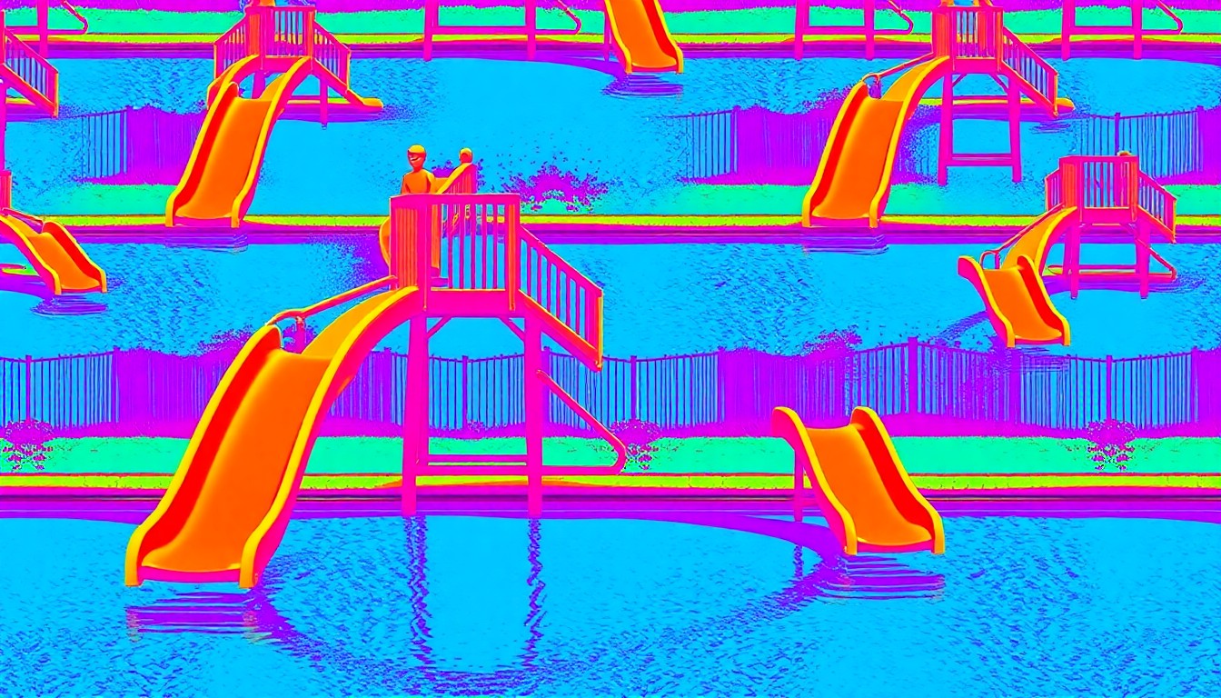 A brightly colored, high-contrast silkscreen-style illustration depicting a swimming pool with a slide, repeated in a grid pattern with bold, unnatural colors and heavy black outlines, conceptually representing the backyard amenities of a luxury home.
