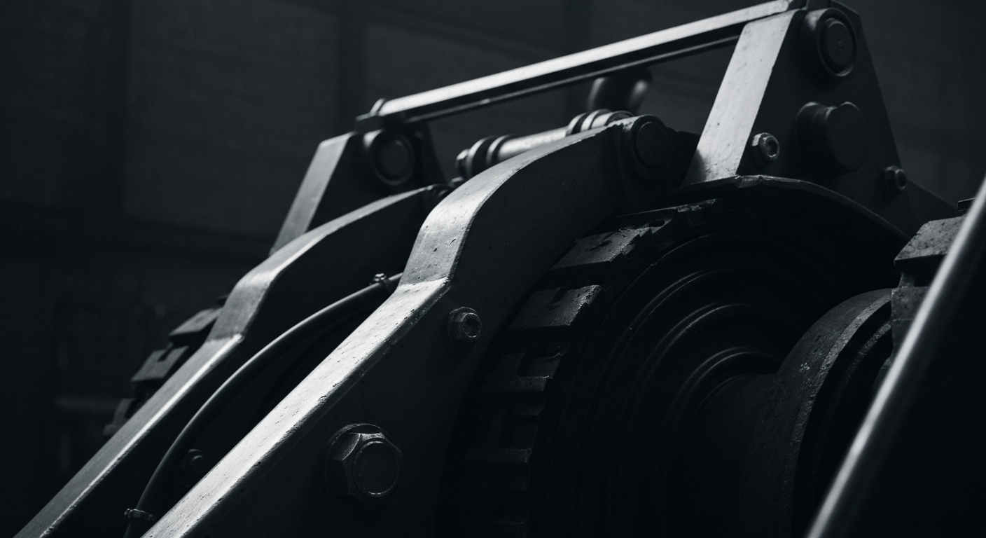 An extreme close-up of intricate, industrial banking equipment and mechanisms, conveying a sense of financial security and institutional strength without using literal currency or charts.