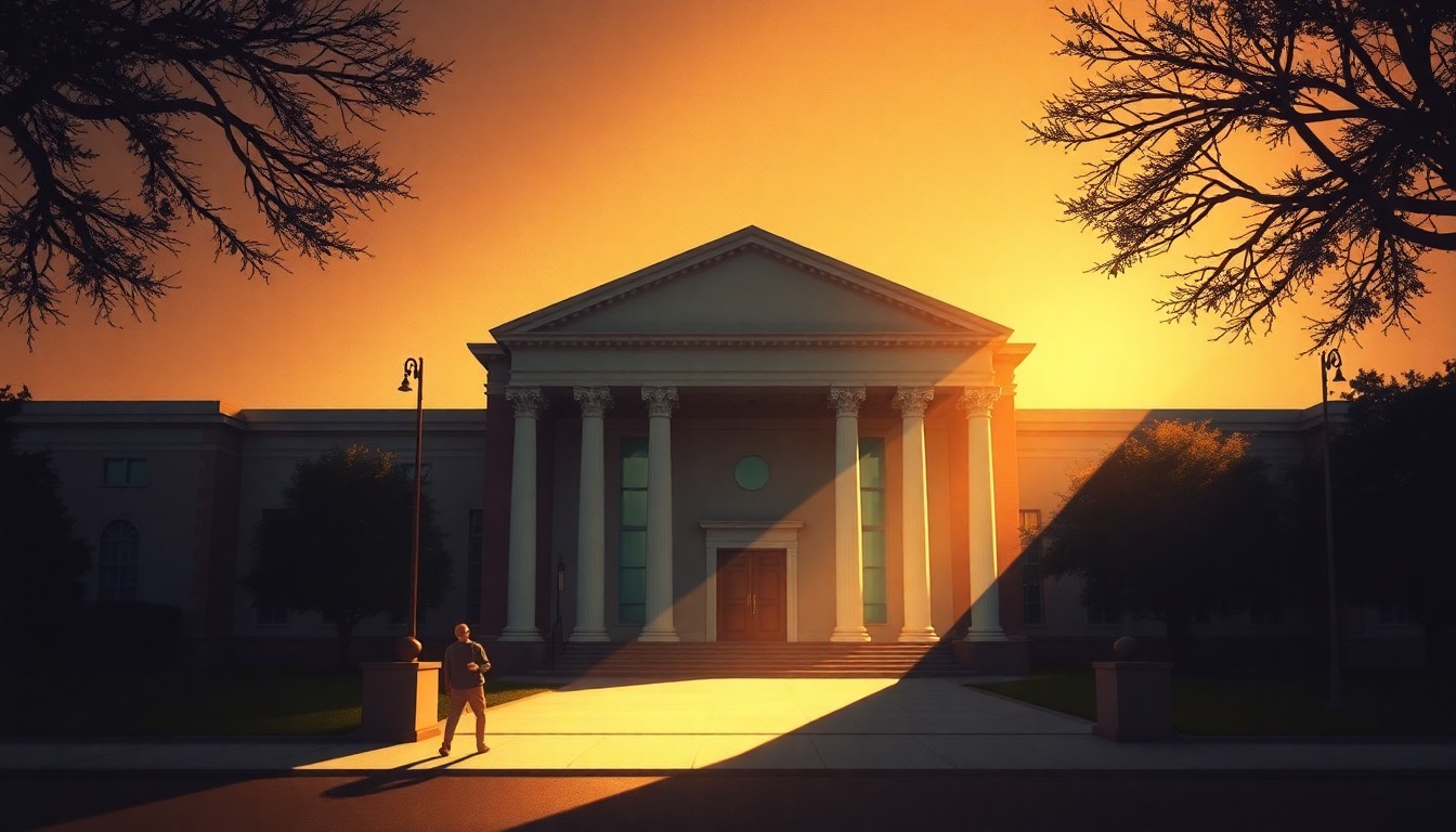 A photorealistic painting of the exterior of a county courthouse in warm, golden light, with deep shadows highlighting the building's architectural details and civic significance.