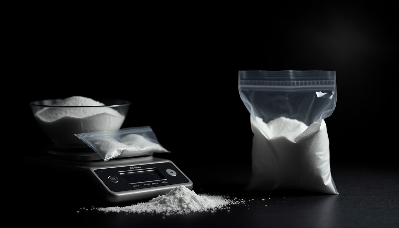 An extreme close-up of a digital scale and small plastic bags of white powder, conceptually illustrating the scale of a drug bust in Boston's Dorchester neighborhood.