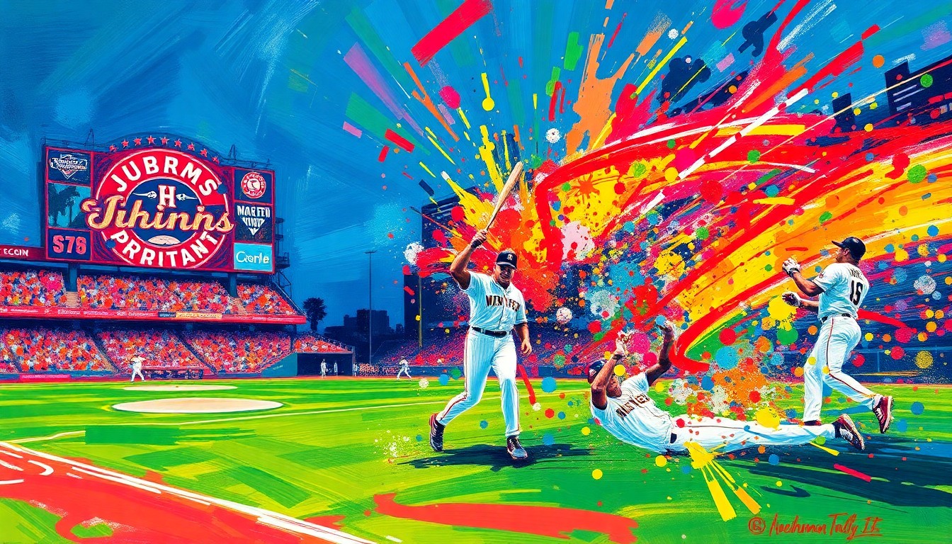 An abstract, expressionist painting in vibrant neon colors depicting the movement and energy of a baseball game, with the Jumbo Shrimp logo and players dissolving into unrecognizable splatters of paint.