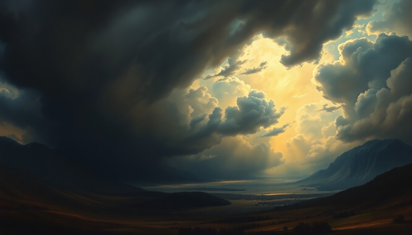 A sweeping, atmospheric landscape painting depicting an ominous, dark storm cloud system looming over a vast, open expanse, dwarfing any visible structures or objects in the foreground and conveying the overwhelming power of the impending severe weather.