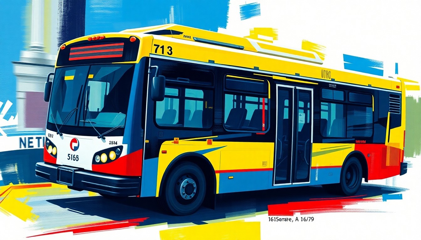 A dynamic, fractured painting of a New York City bus in motion, with overlapping geometric shapes and bold, vibrant colors, conceptually representing the energy and momentum of the public transit system.