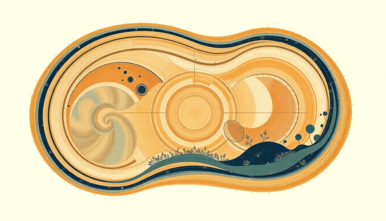 An abstract painting in muted earth tones, featuring sweeping geometric shapes, concentric circles, and precise botanical spirals, representing the complex geological and ecological systems at play in the Rhyolite Ridge region.