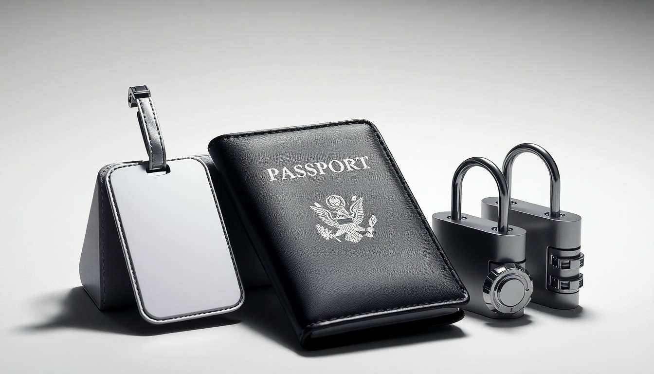 A high-end, photorealistic studio still-life photograph featuring a polished metal luggage tag, a premium leather passport holder, and a set of sleek metal luggage locks arranged elegantly on a clean, monochromatic background, conceptually representing the financial pressures facing the airline industry.