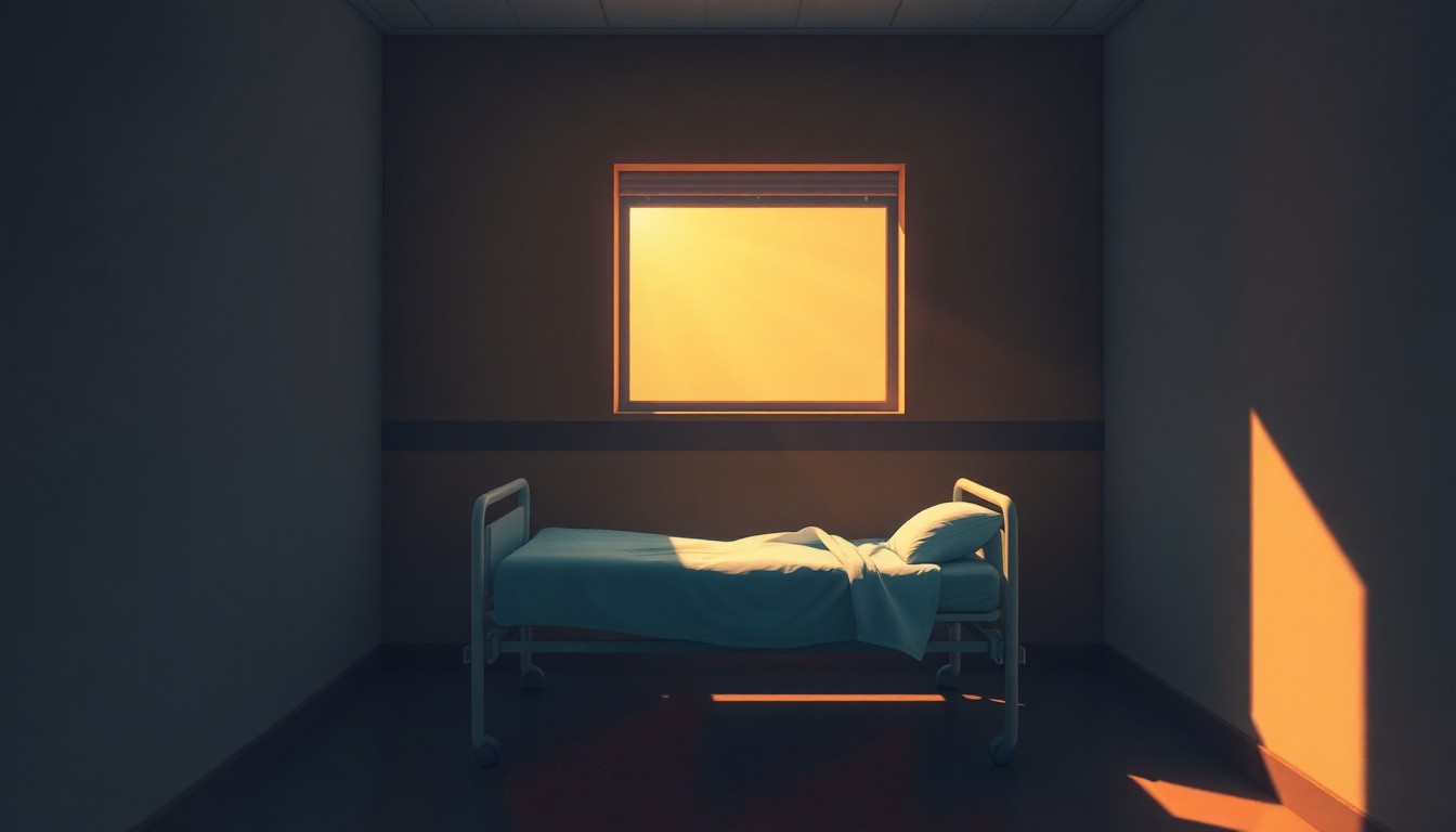 A serene, painterly depiction of a solitary hospital bed in a dimly lit room, the bed bathed in warm, golden light, conveying a sense of contemplation and the need for affordable, accessible healthcare.