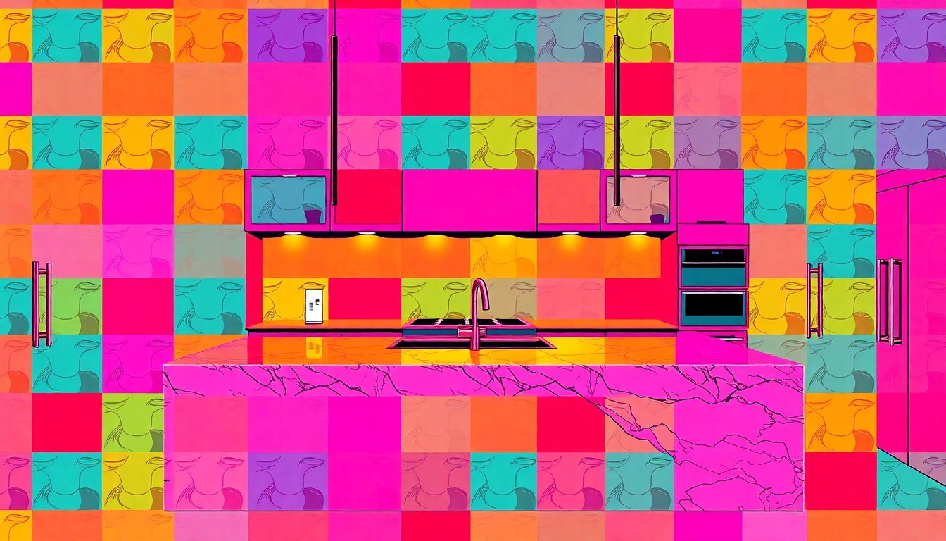 A brightly colored, high-contrast silkscreen print of a luxury kitchen island with quartz countertop, repeated in a tight grid pattern, conceptually representing the premium finishes and amenities of this Wichita home.