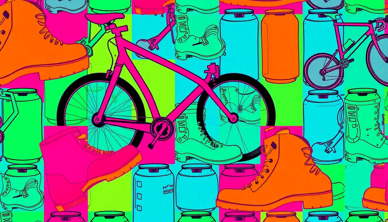 A high-contrast silkscreen print of a Bozeman-themed lifestyle object, such as a mountain bike or hiking boot, repeated in a vibrant grid pattern to capture the property's contemporary aesthetic and connection to the local community.