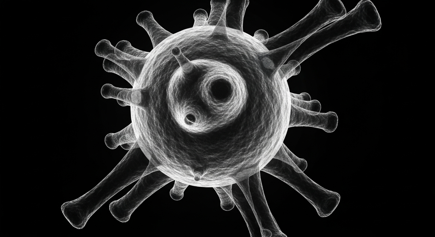 A translucent, ghostly X-ray image showing the intricate internal structure of a herpes virus particle, conceptually illustrating the biological mechanisms that researchers are targeting with a novel antiviral approach.