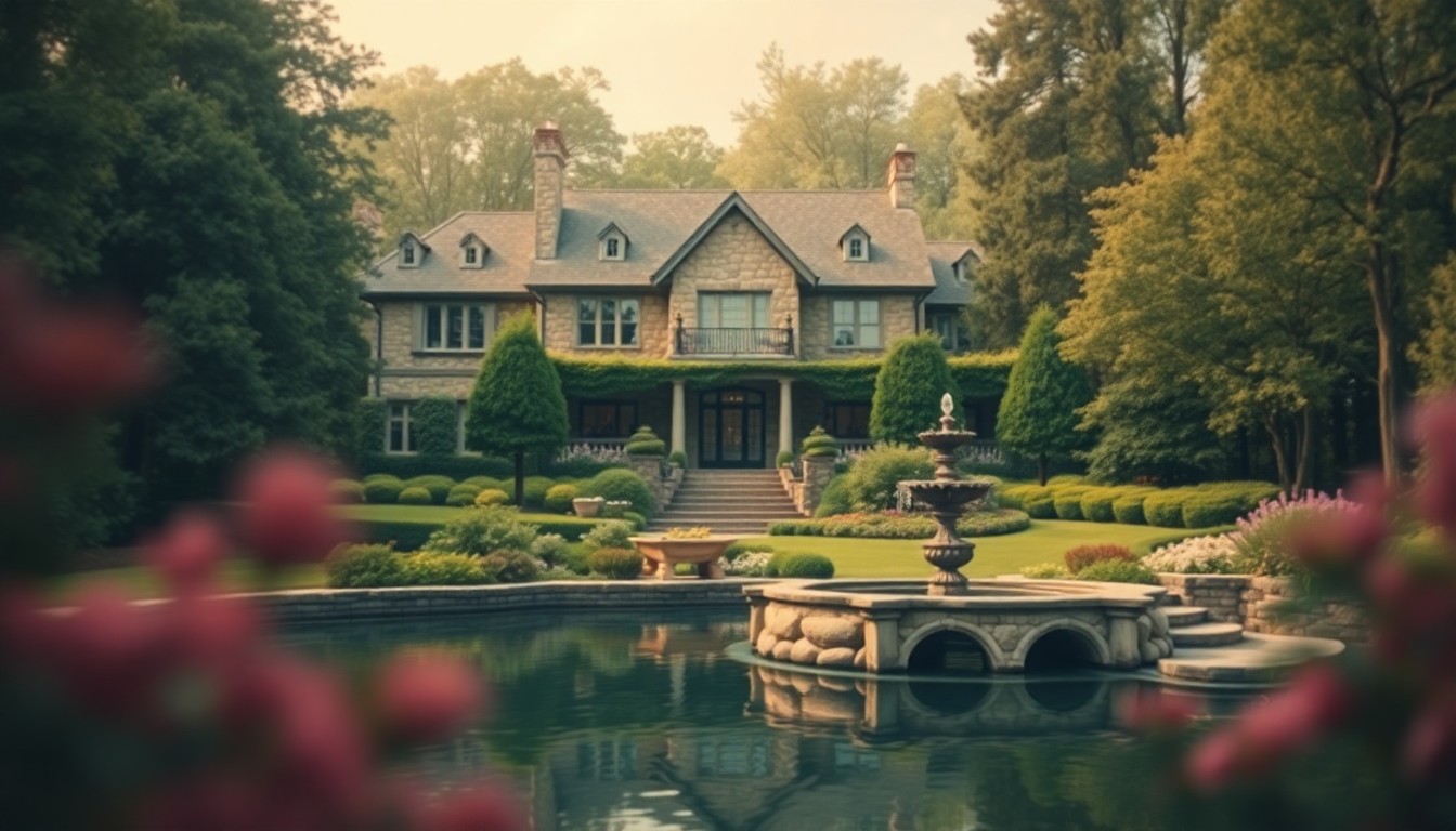 An abstract, impressionistic photograph in soft focus, featuring the blurred outline of a stately stone home surrounded by verdant foliage and a shimmering body of water, conveying a sense of tranquility and exclusivity.