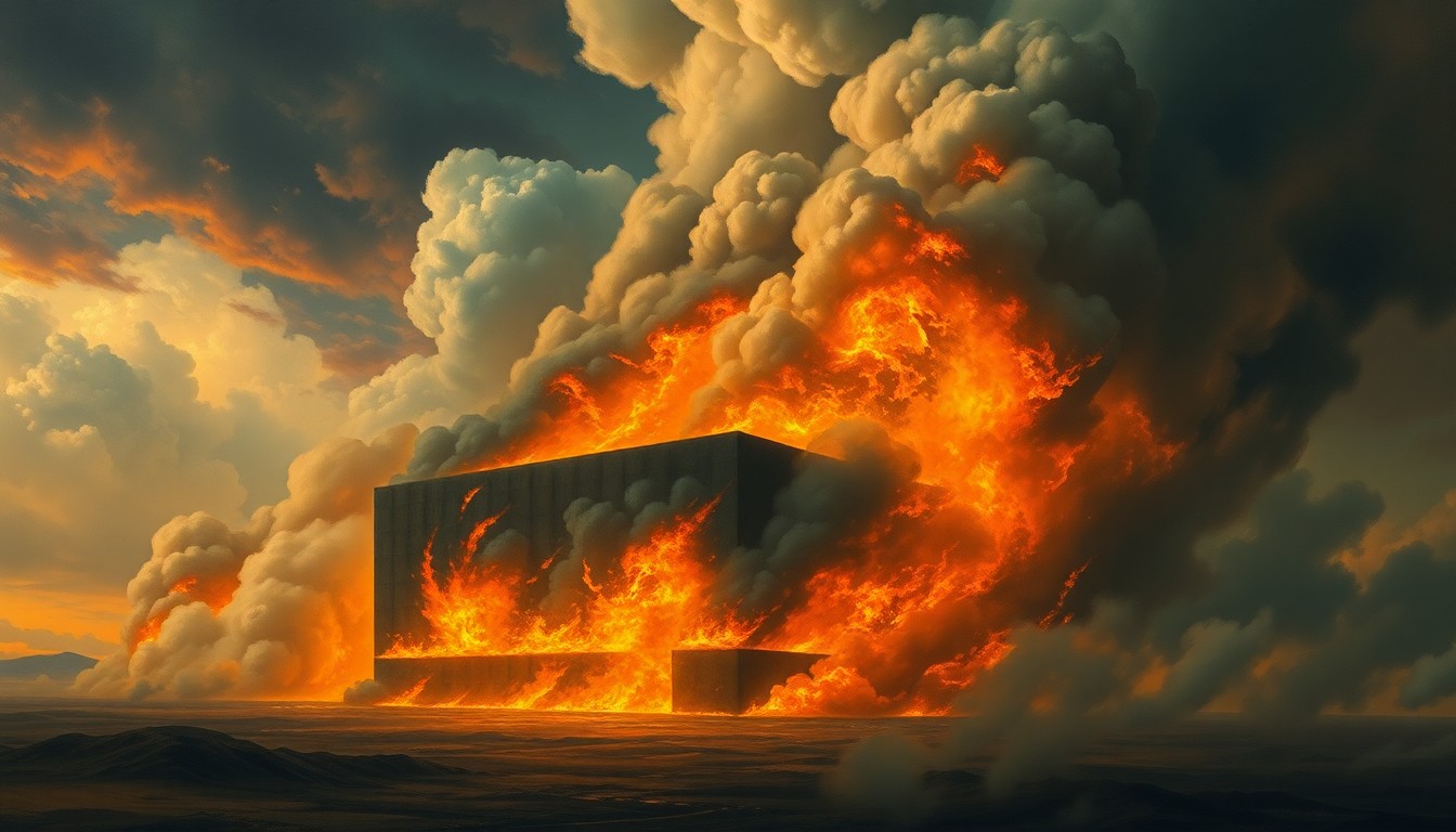 A sweeping, atmospheric landscape painting depicting a large storage building consumed by a raging fire, with billowing smoke and ominous clouds dominating the scene and conveying the overwhelming power of the natural disaster.