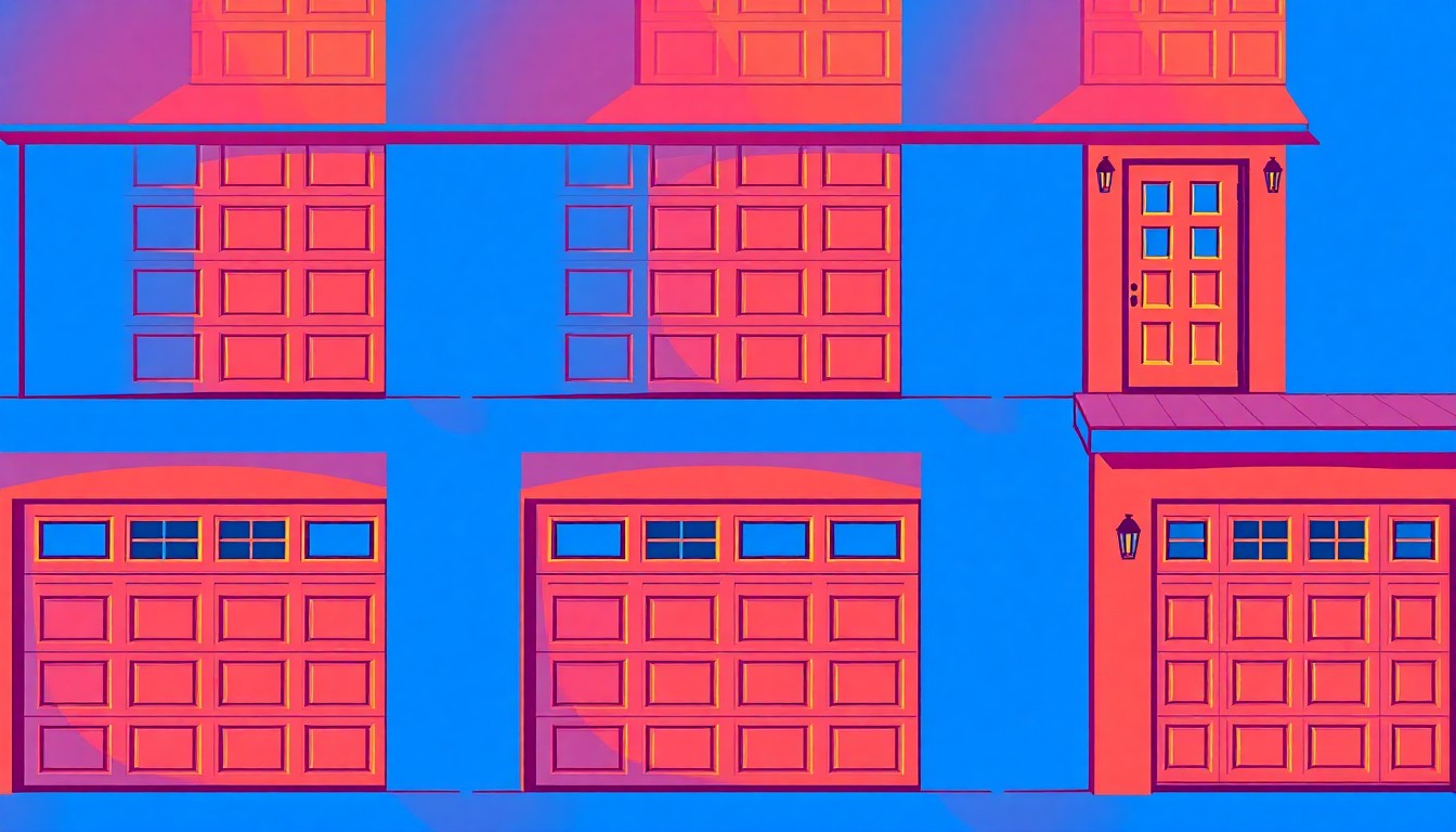 A highly stylized, silkscreen-inspired illustration featuring a repeating pattern of a single architectural element from the home's exterior, rendered in a bold, neon color palette with heavy black outlines, conceptually representing the property's modern design and visual appeal.