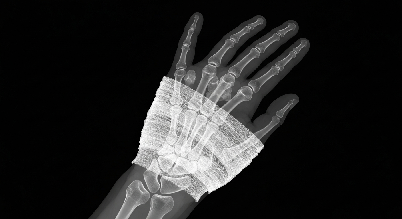 A translucent, ghostly X-ray image showing the bone and tissue structure of a bandaged hand, conceptually representing the need for safe and sterile medical products.