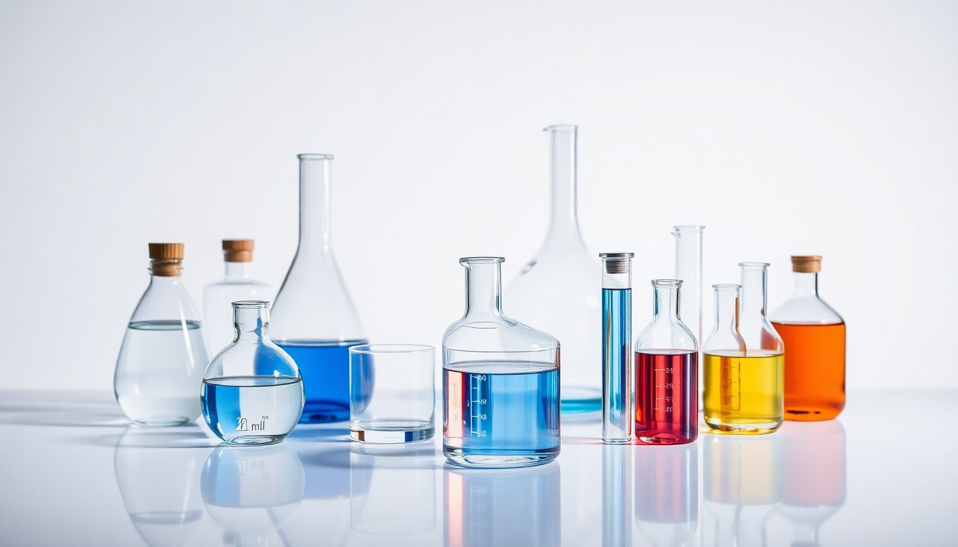 A high-end, photorealistic studio still-life photograph featuring a collection of polished glass beakers, test tubes, and other laboratory equipment arranged elegantly on a clean, white seamless background, conceptually representing the advanced research and development capabilities of the new biotech company Sumitomo Biorational.