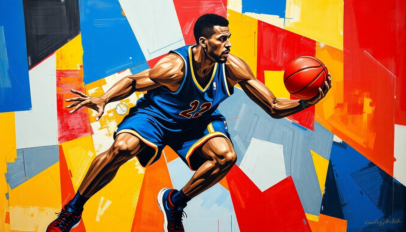 A fragmented, abstract painting depicting a basketball player's defensive movements and hustle plays, broken down into sharp, overlapping geometric shapes and planes in a cubist style.