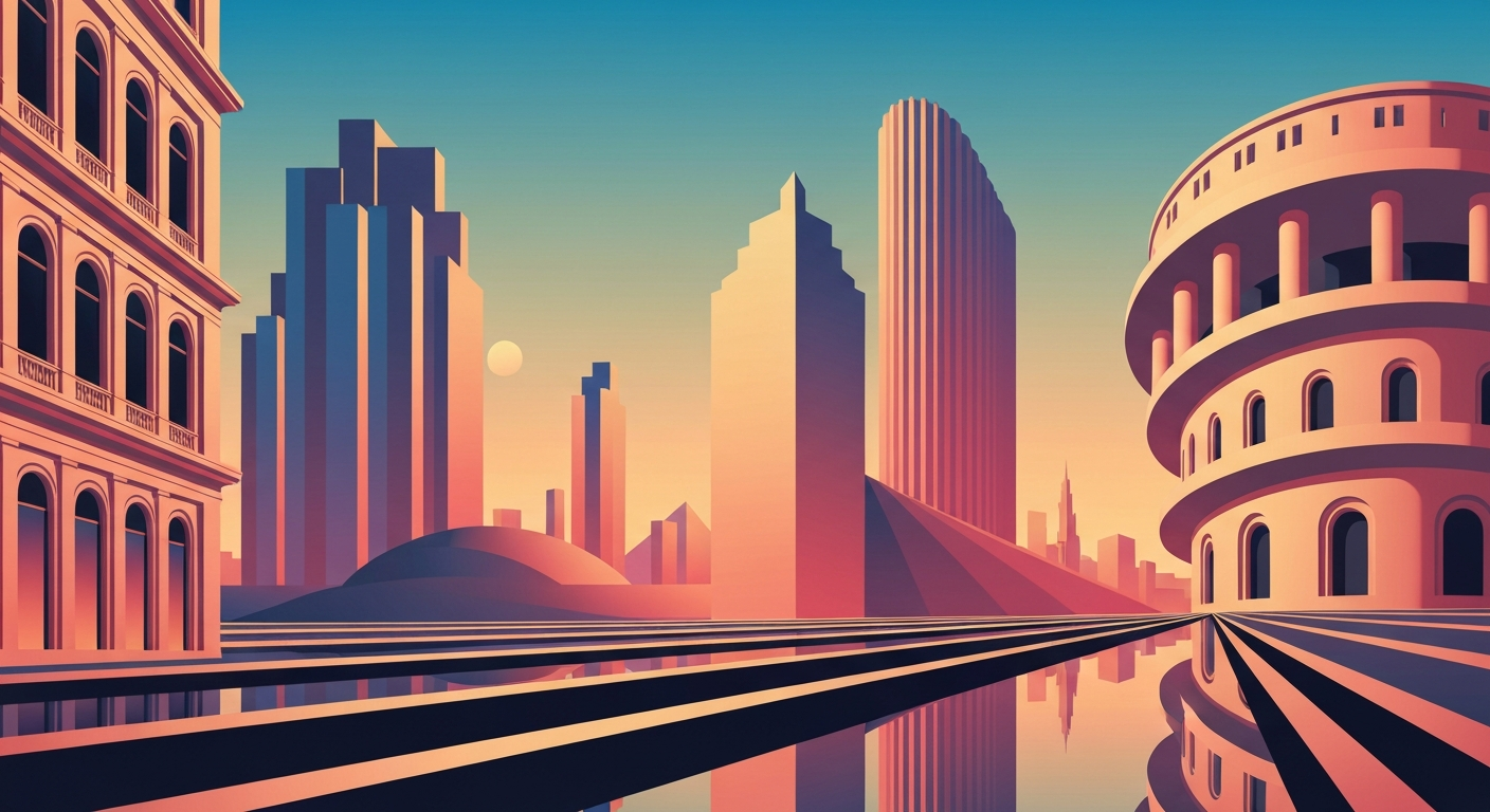 A highly stylized, geometric illustration in the Art Deco Monumentalism style, featuring sweeping gradients and towering, streamlined forms that capture the scale and energy of a bustling beach town.