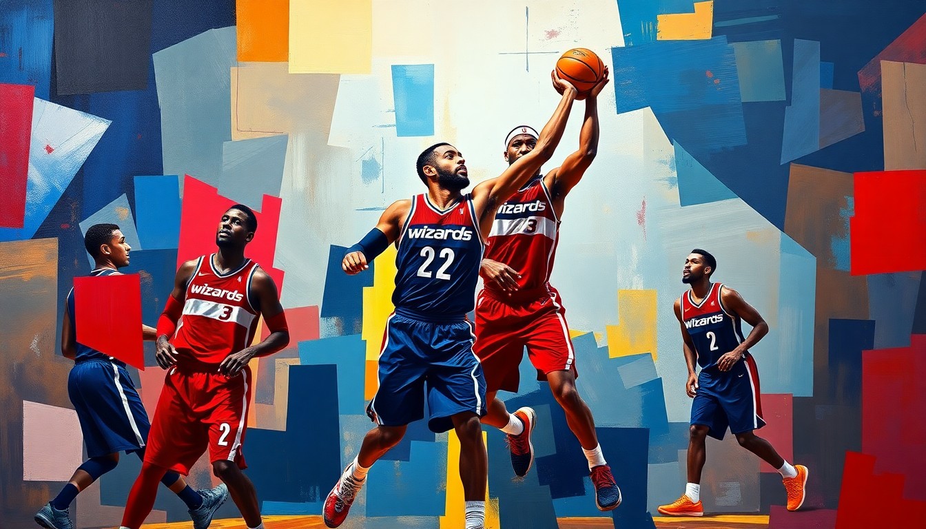 A fragmented, geometric painting depicting Anthony Davis' basketball movements and interactions with Wizards players, using the team's official colors of navy blue, red, and gold to create a dynamic, multi-perspective composition.