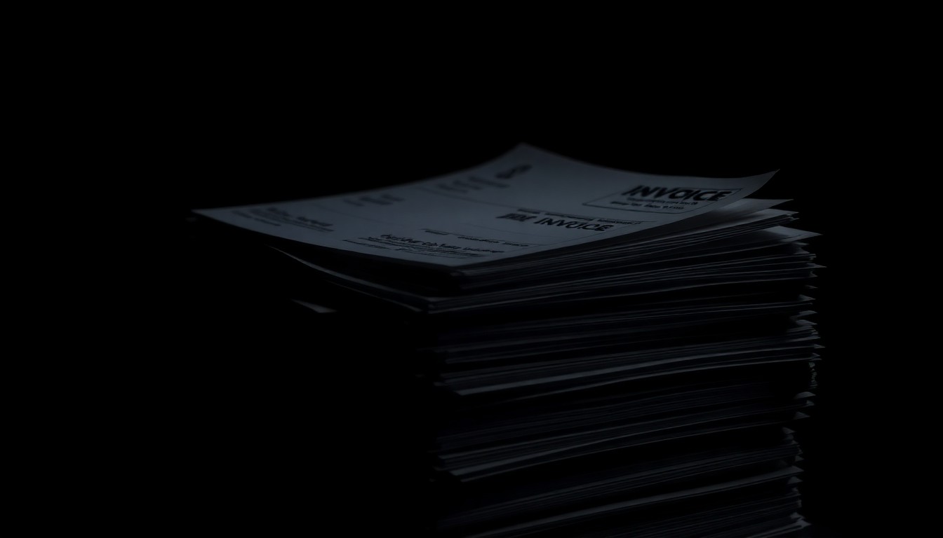 An extreme close-up photograph of a stack of financial documents with a harsh, direct flash illuminating the textured surface, conceptually representing the investigation into a fraud scheme targeting the Port of Savannah.