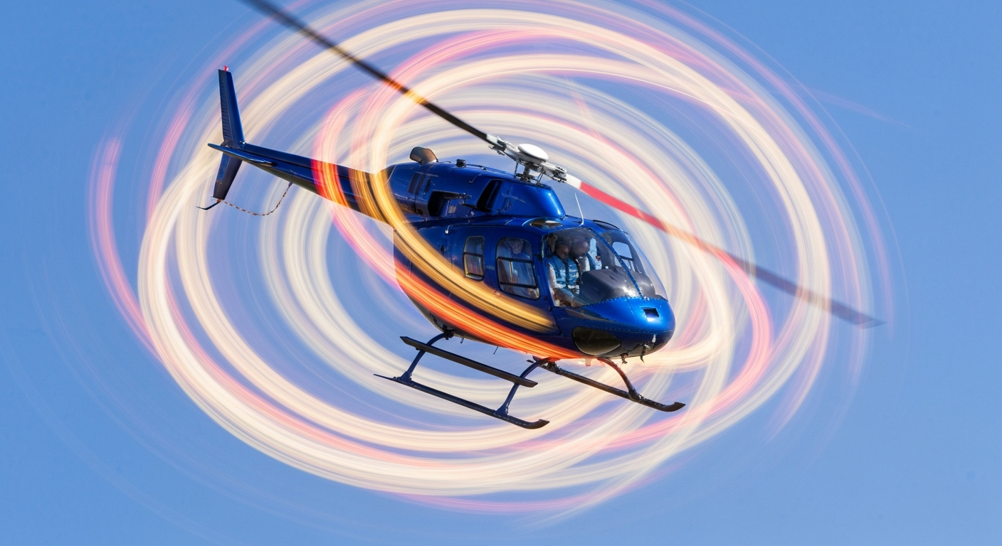 An abstract, blurred image of a Bell 505 helicopter in flight, with vibrant streaks of color representing the speed and energy of the aircraft, conveying the excitement and innovation of the Flight School Next program.