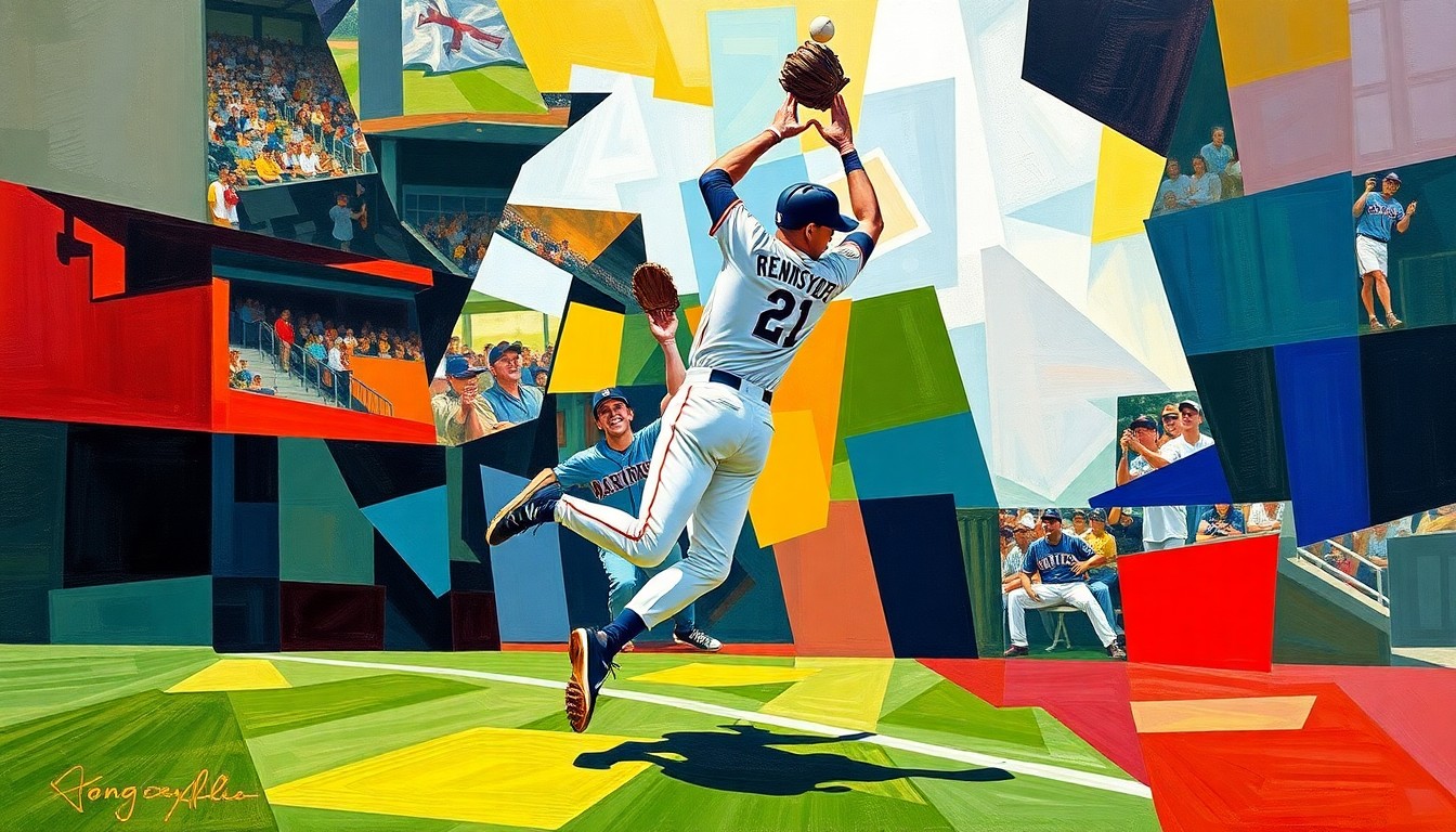 A cubist, geometric painting depicting the moment of Rob Refnsyder's leaping catch against the outfield wall, with the players and stadium rendered in sharp, overlapping planes of color.