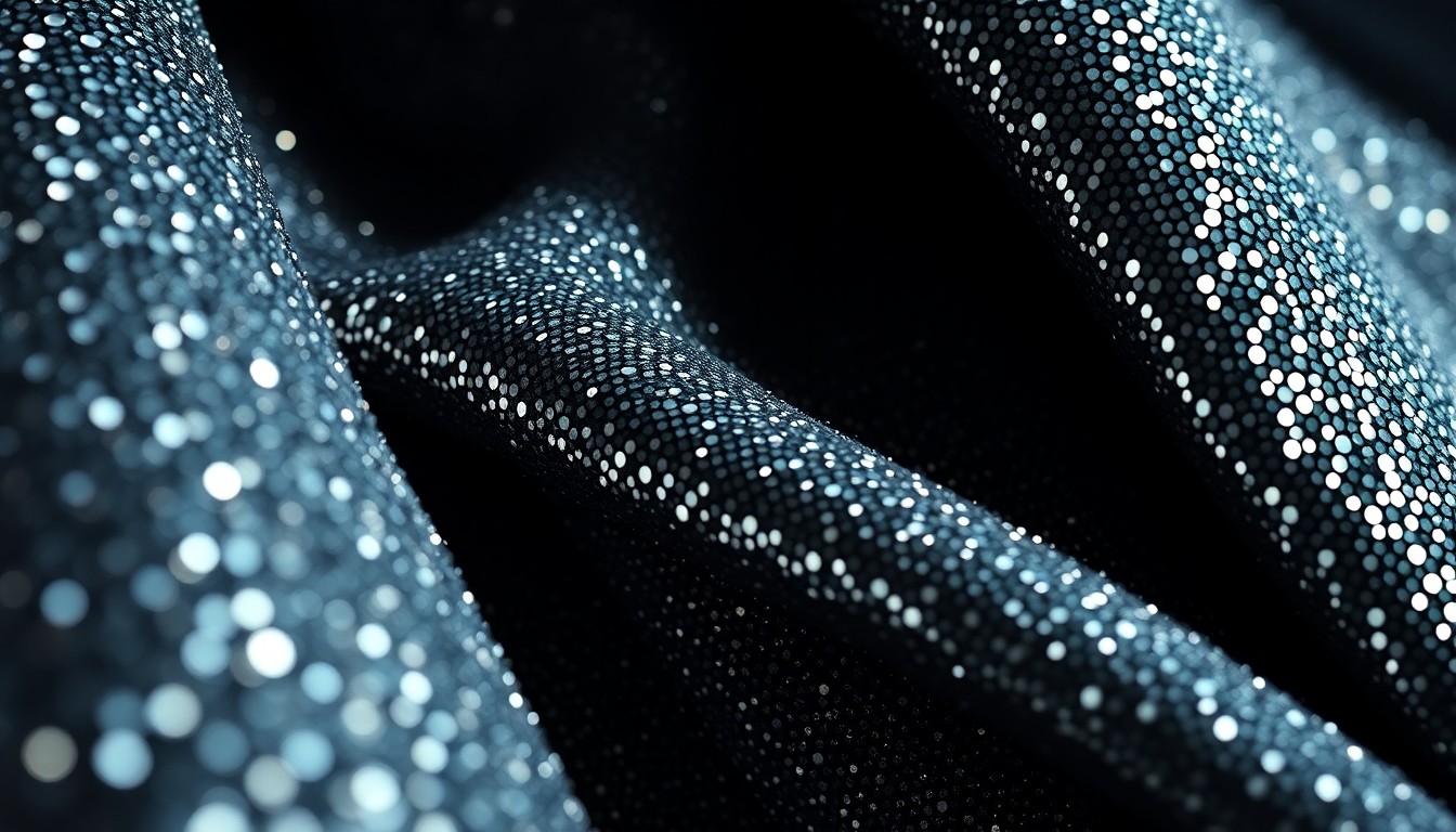 An extreme close-up of shimmering, high-contrast metallic and velvet textures, conceptually representing the glamour and artistry of Miyako Bellizzi's character-driven styling.