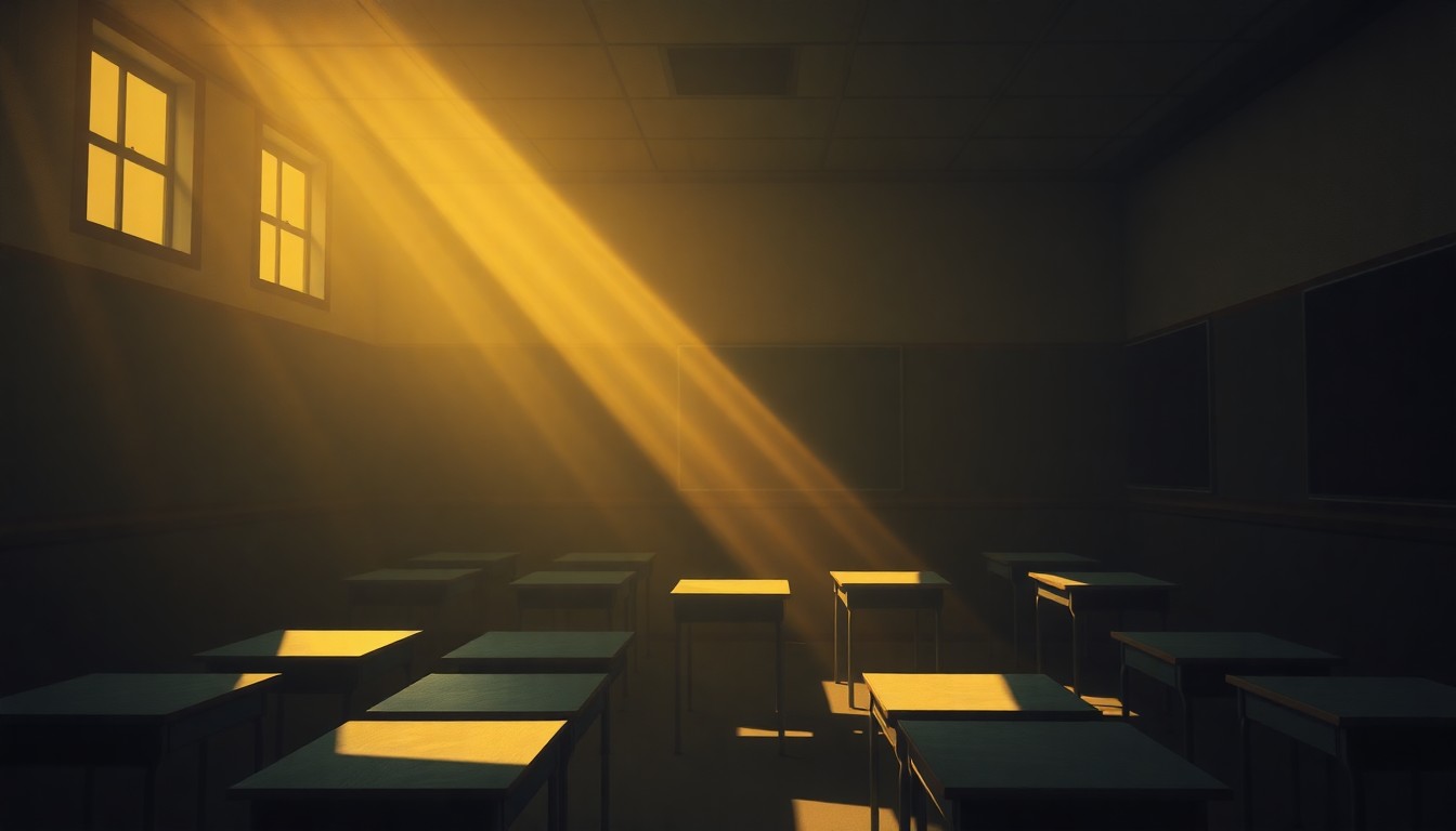 A dimly lit, cinematic painting of an empty classroom with warm sunlight streaming in through the windows, creating deep shadows and a sense of unease, conceptually representing the divisive nature of the diversity curriculum being pushed at these private schools.