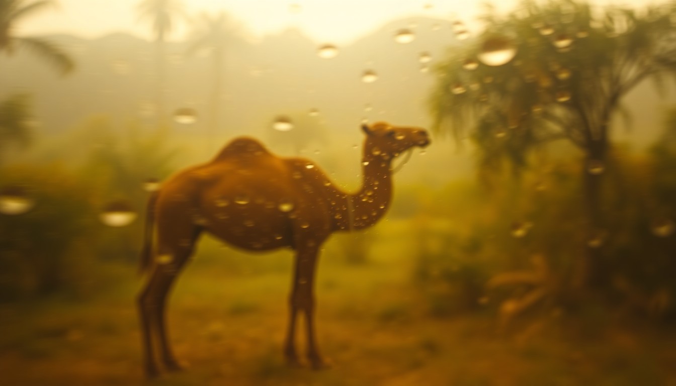 An extremely blurred, impressionistic photograph of a camel's silhouette in a hazy, dreamlike natural setting, conveying a sense of nostalgia and transition.