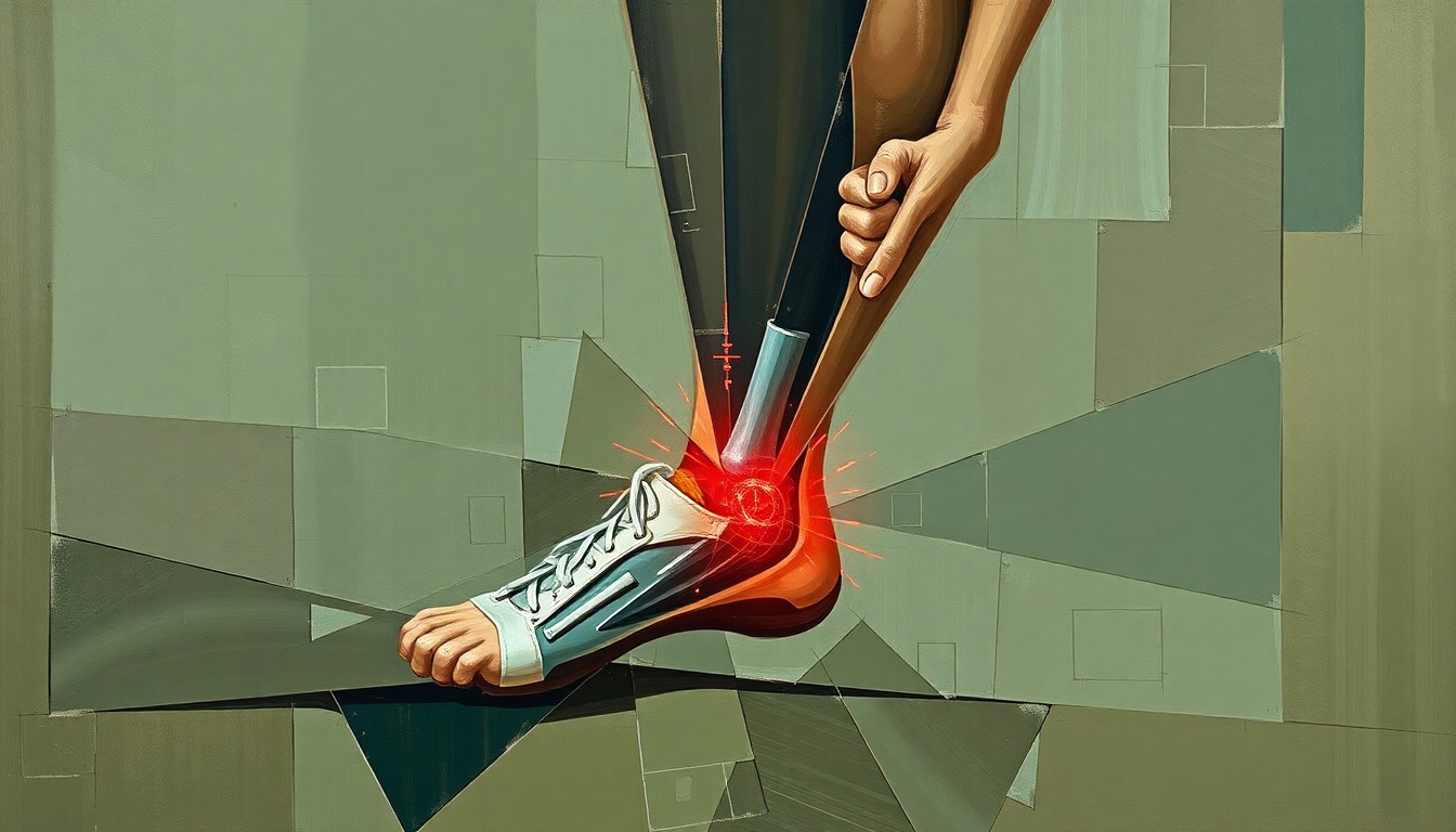 A fractured, multi-perspective painting in muted earth tones, with sharp geometric planes representing the tension and pain of a soccer player's Achilles injury.