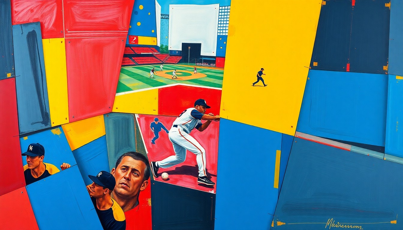 A fractured, multi-perspective painting in bold, geometric shapes and colors, capturing the dynamic motion and energy of a baseball player stealing a base or playing in the field.