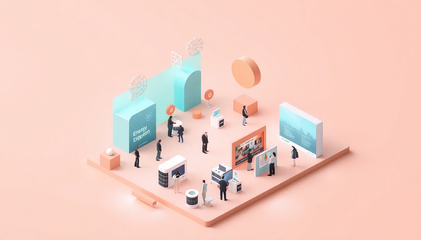 A clean, minimalist 3D illustration depicting a stylized energy expo and job fair, with various geometric shapes and objects floating on a pastel background, conveying the professional and collaborative nature of the event.
