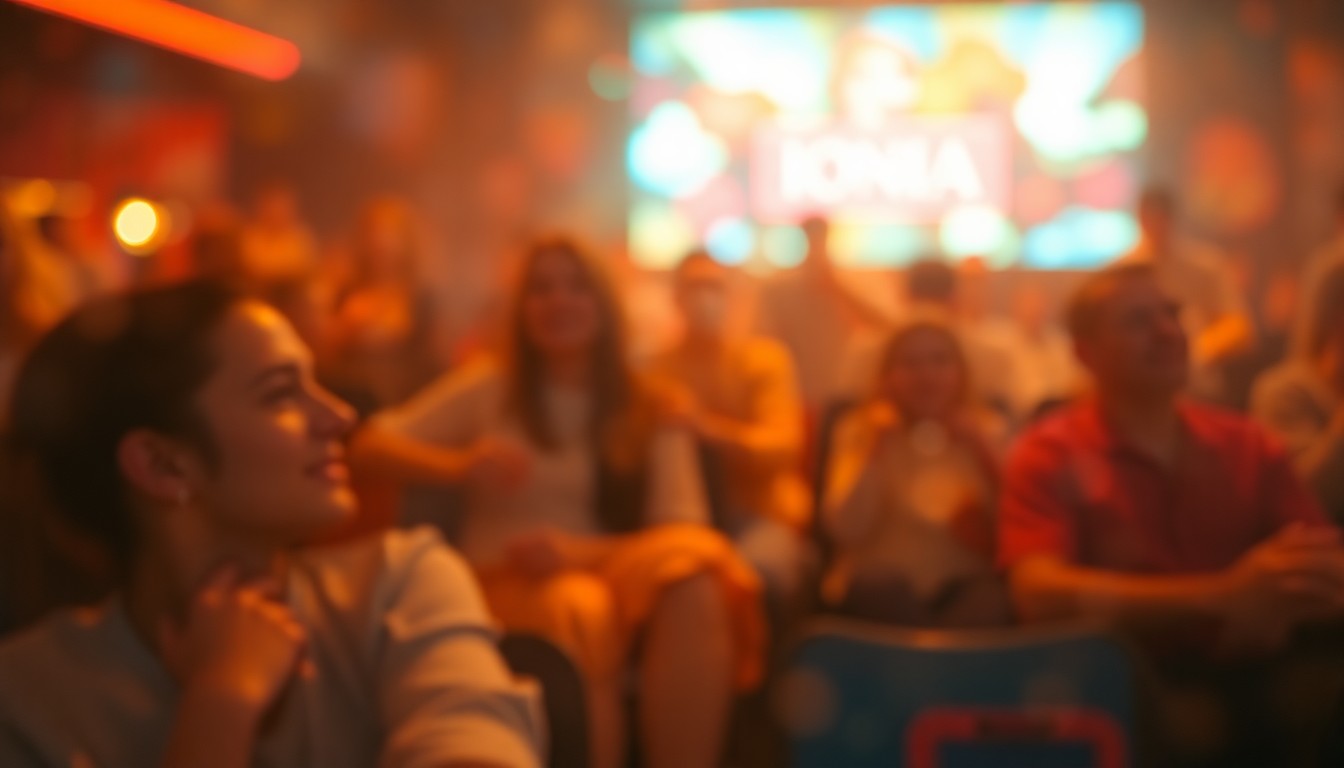 An abstract, impressionistic photograph of blurred, colorful lights and shapes, evoking the cozy, welcoming atmosphere of a local movie theater during a family-oriented event.