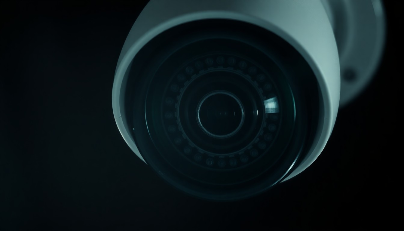 An extreme close-up of a school security camera lens, its reflective surface capturing a harsh, dramatic flash of light against a pitch-black background, conveying the serious, investigative mood surrounding school security concerns.