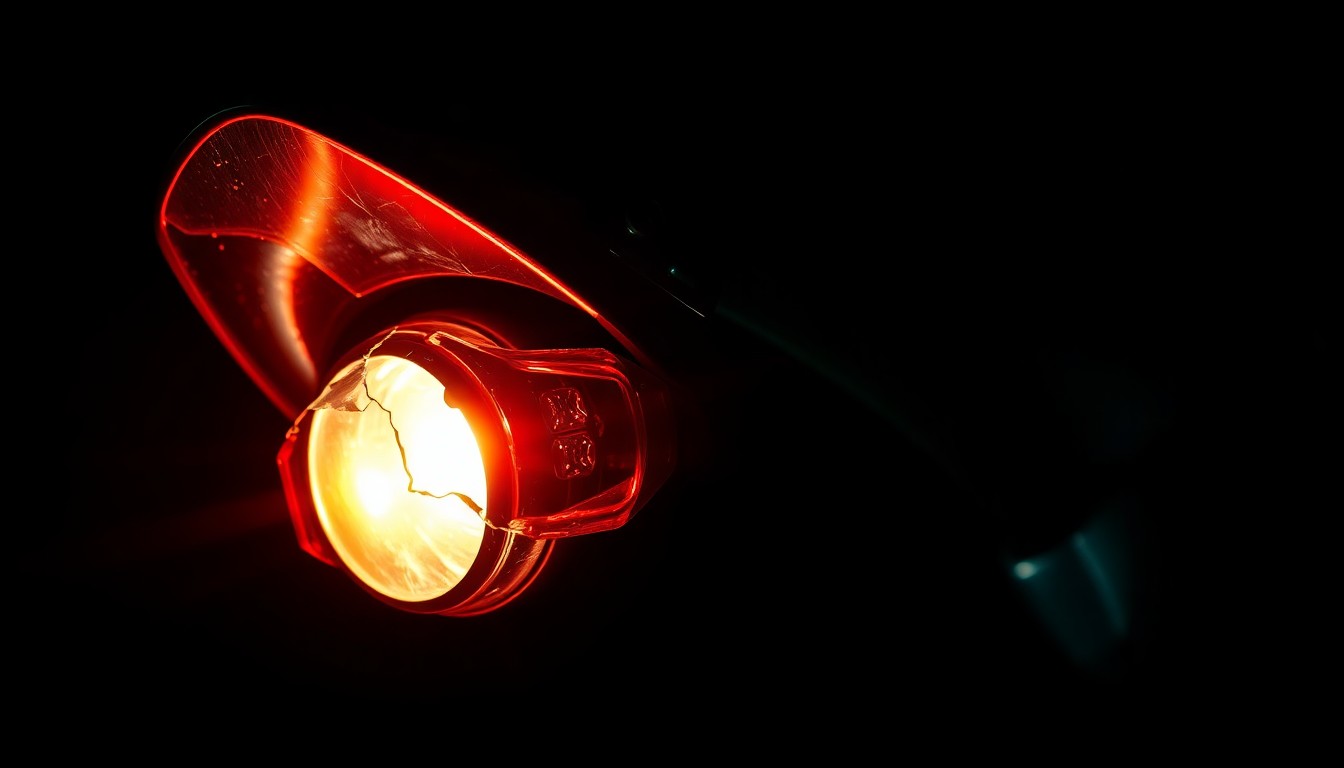 An extreme close-up photograph of a damaged motorcycle part, such as a broken mirror or cracked taillight, lit by a harsh, direct camera flash against a pitch-black background, creating a stark, gritty, investigative aesthetic.