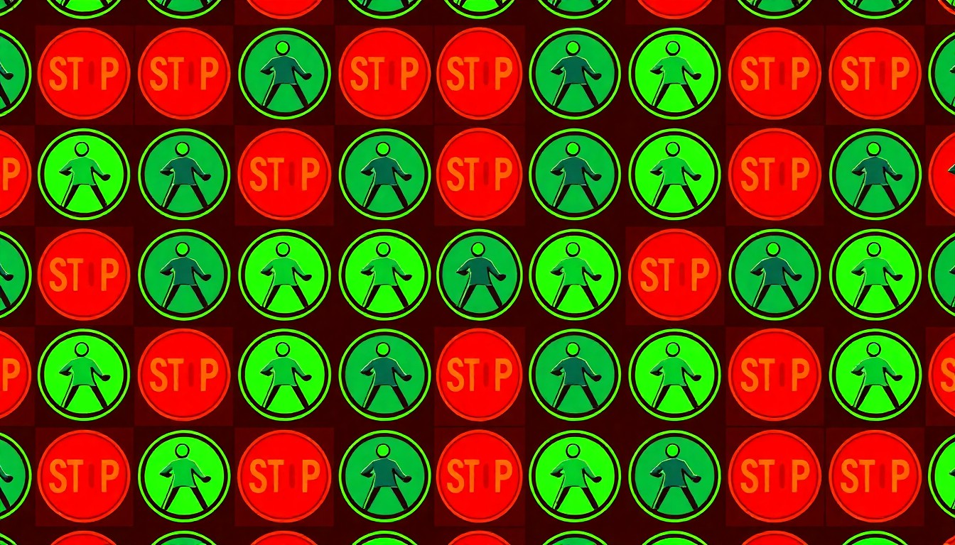 A grid of brightly colored, high-contrast silkscreen images of a traffic stop sign, repeated in a bold, abstract pattern that captures the essence of road safety without any readable text or labels.