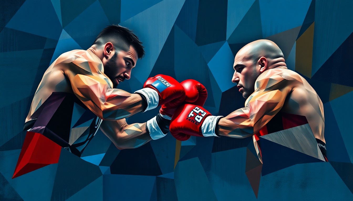 A fractured, cubist-style painting depicting the intense action and energy of a heavyweight boxing match, with sharp geometric planes of deep blue, red, and grey hues overlapping to create a dynamic, abstract visual representation of the sporting event.
