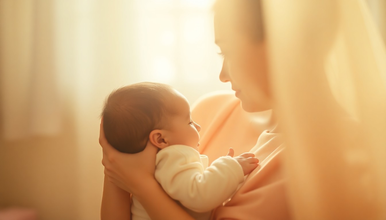An extremely abstracted, out-of-focus photograph of a mother holding a baby, with soft pools of warm color and light creating a tender, intimate scene.