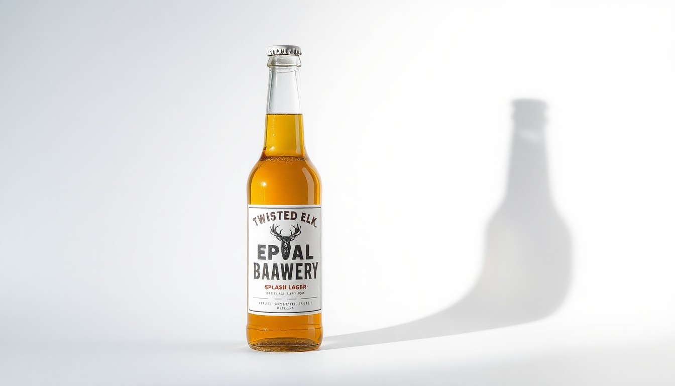A photorealistic studio still-life image of a bottle of Twisted Elk Brewery's 'Splash Lager' beer, featuring a simple, minimalist label design and dramatic studio lighting to conceptually represent a local business partnership.