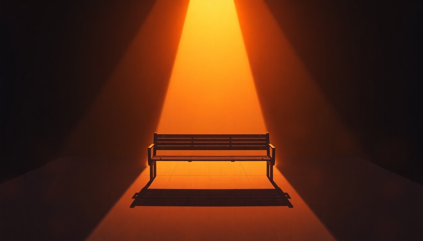 A serene, photorealistic painting of an empty wooden bench in a sunlit courthouse hallway, conveying a sense of contemplation and anticipation surrounding the upcoming judicial election.
