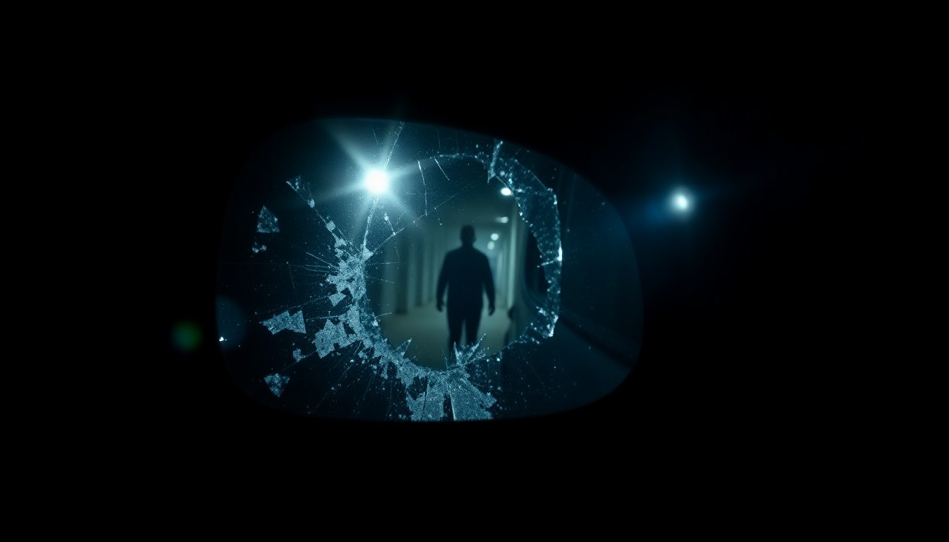 An extreme close-up of a shattered car side mirror reflecting a faint outline of a person, conceptually illustrating the violent nature of a targeted vehicular attack.