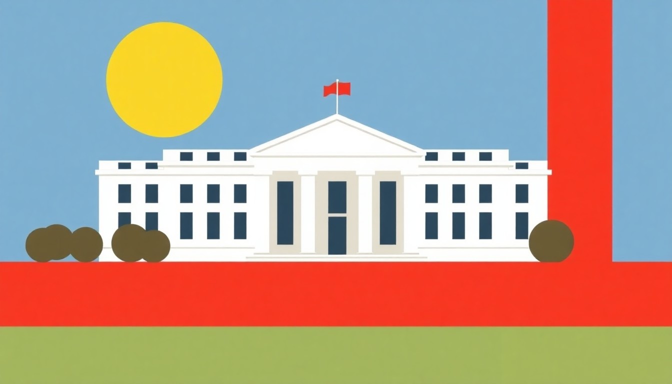 A vibrant abstract illustration using simple geometric shapes and primary colors to conceptually represent the Federal Reserve's monetary policy decisions and their impact on the economy.